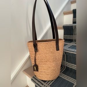 SAINT LAURENT Small Panier Raffia Bag in Natural & Brown
